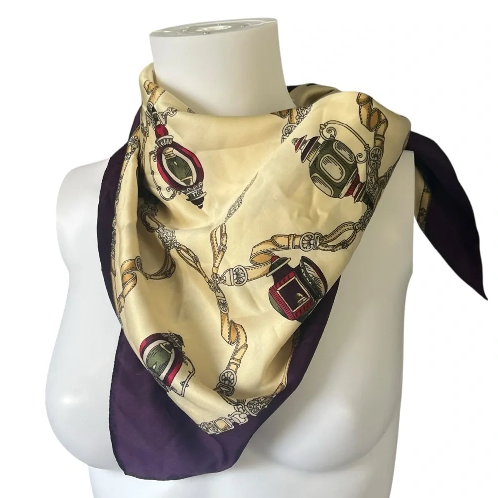 Silk Feel Lantern Print Square Scarf Lightweight Purple Classic